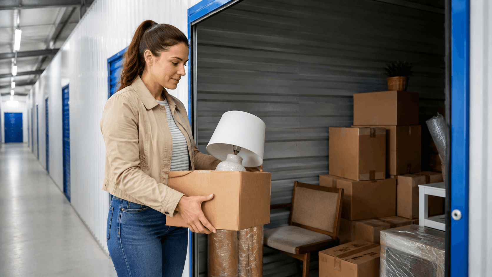 Woman carrying cardboard box and lamp into a self-storage unit in Los Angeles