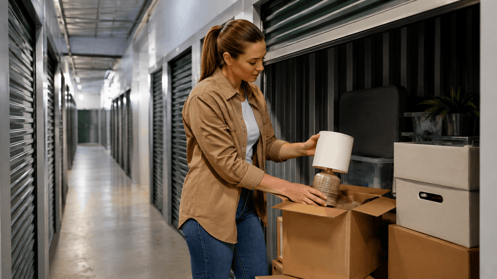Woman carefully unpacking a lamp from a moving box at a Los Angeles storage unit