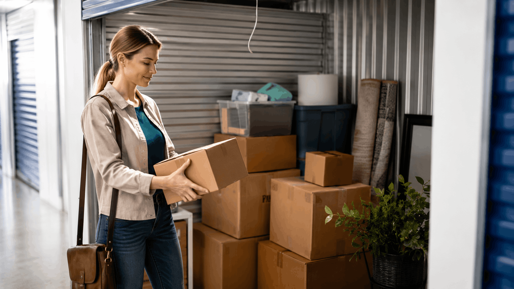 Woman organizing cardboard boxes in a Los Angeles self-storage unit facility