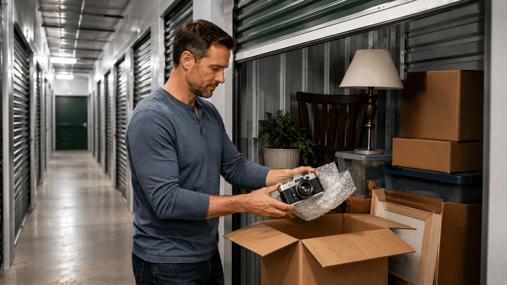 Man carefully unpacking bubble-wrapped camera into storage unit with boxes and furniture
