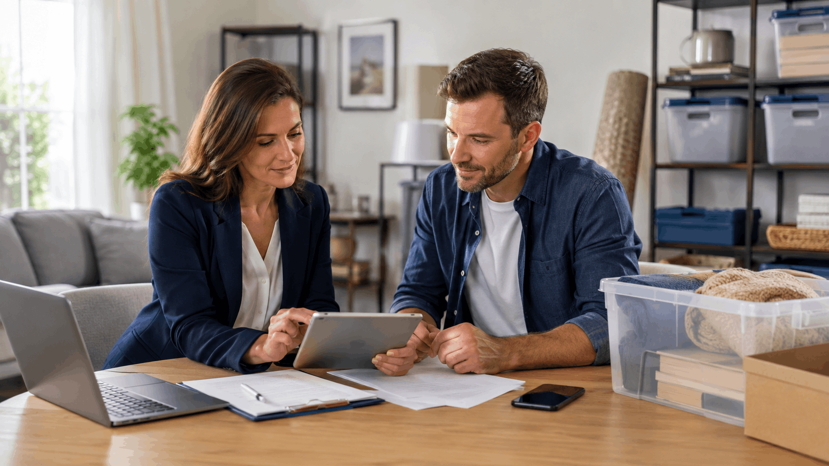 Professional couple reviewing storage inventory documents and tablet at home in Los Angeles