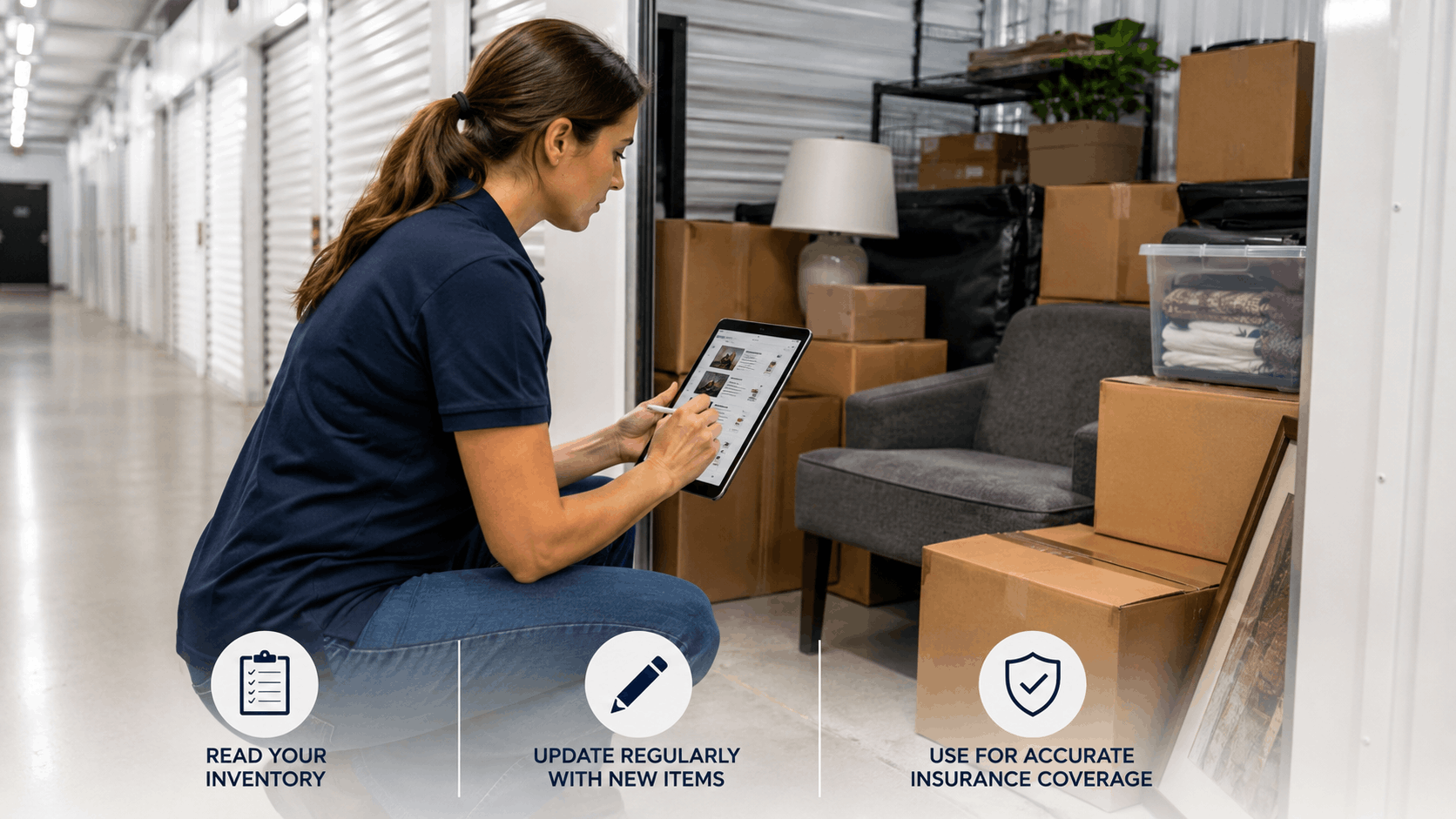 Woman using tablet to inventory storage unit filled with boxes and furniture