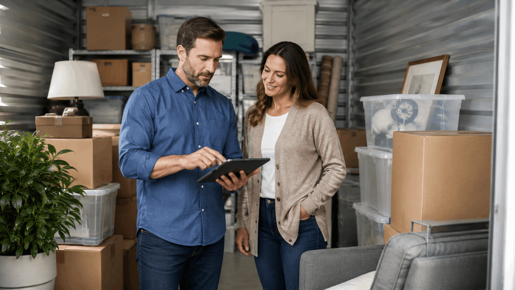 Couple reviewing tablet inventory inside packed Los Angeles storage unit with boxes