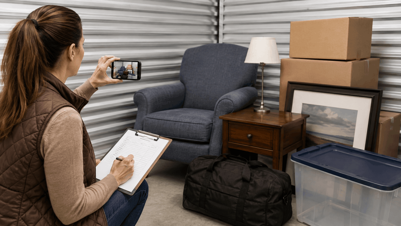 Woman photographing and inventorying furniture and boxes in Los Angeles storage unit