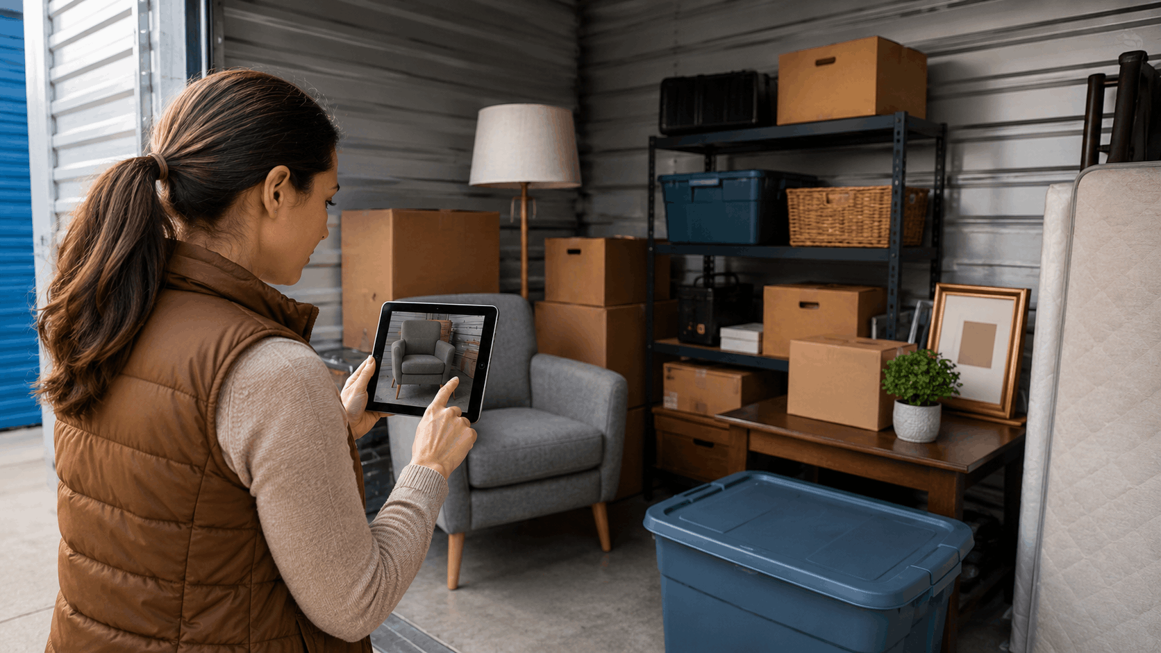 Woman using tablet to catalog items inside Los Angeles storage unit during move