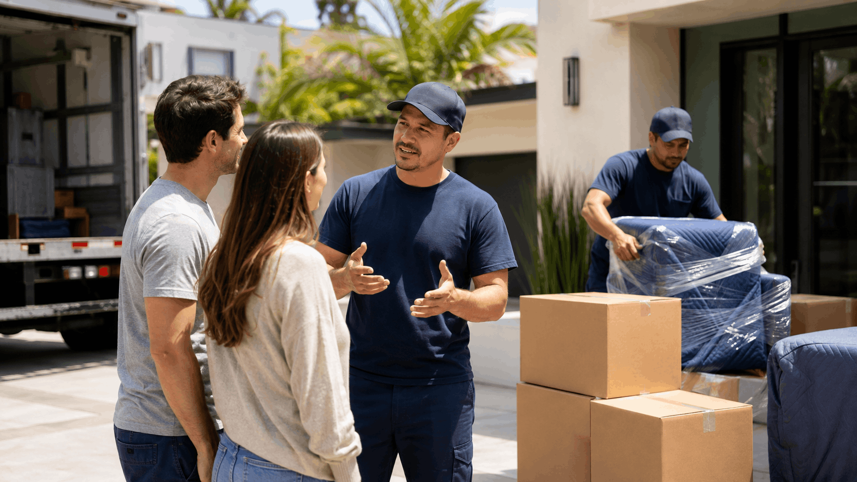 LA movers in blue uniforms discussing moving services with a couple outside home