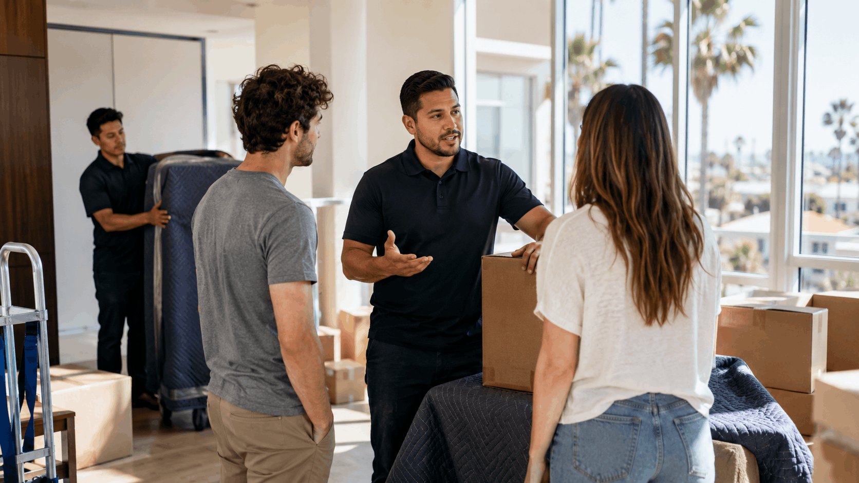 Professional movers discussing logistics with couple during Los Angeles home relocation