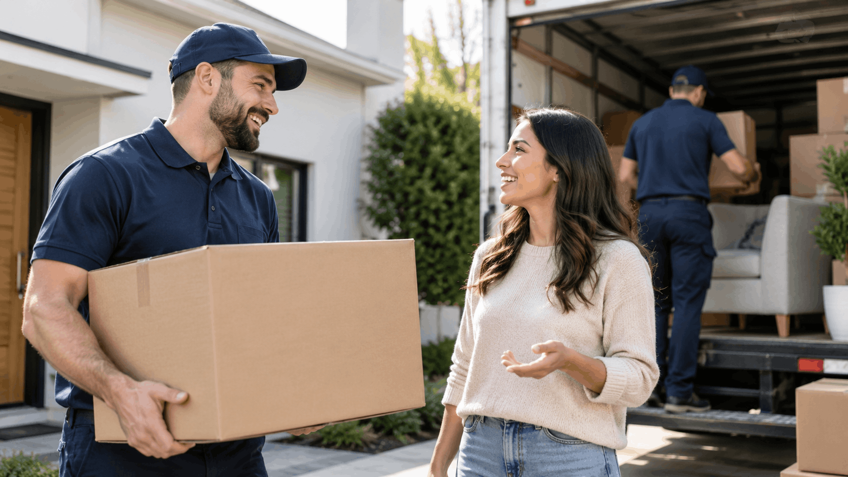 Smiling movers in navy uniforms unloading boxes and furniture from moving truck