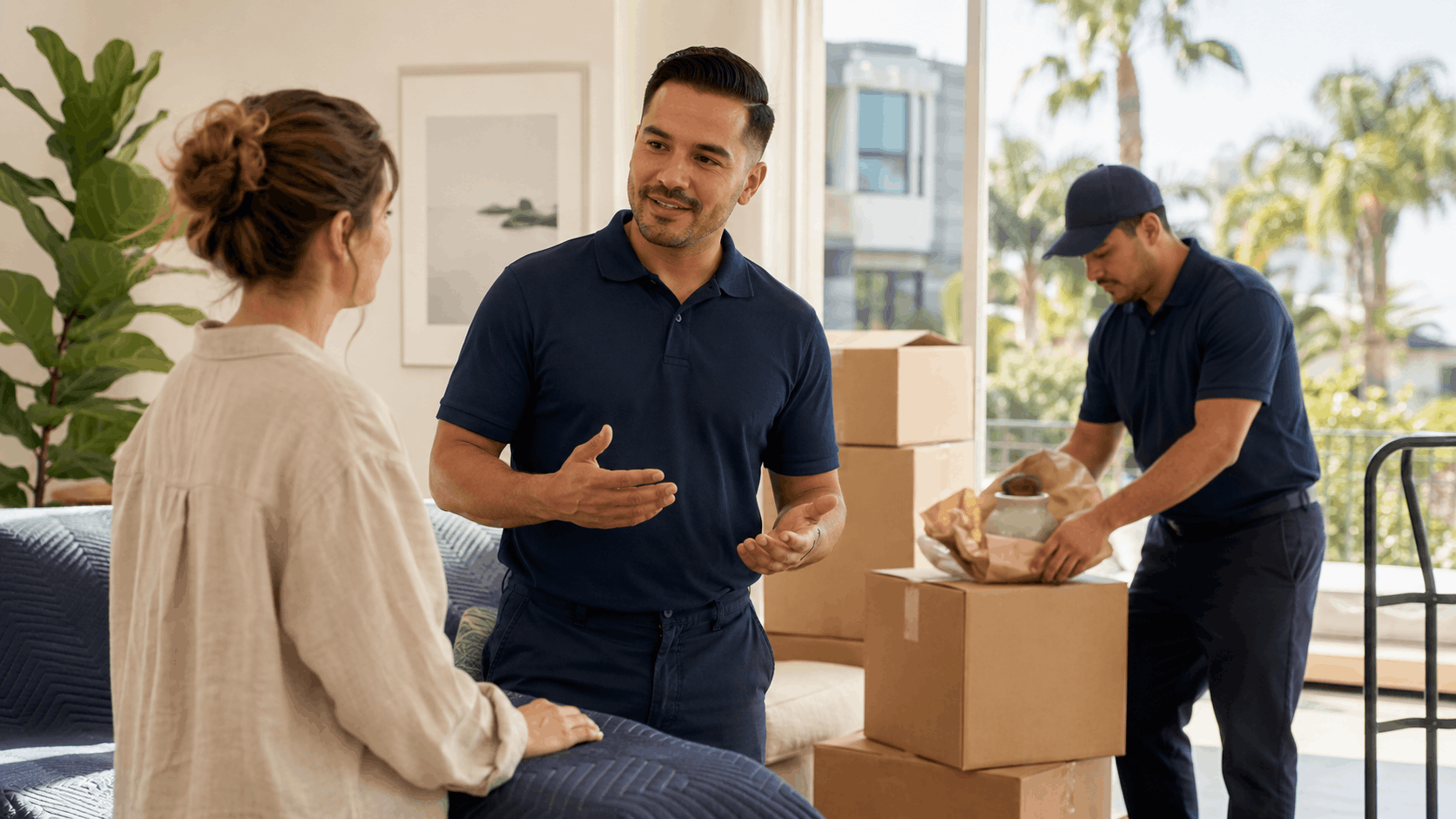 Moving company staff discussing storage options with customer amid packed boxes