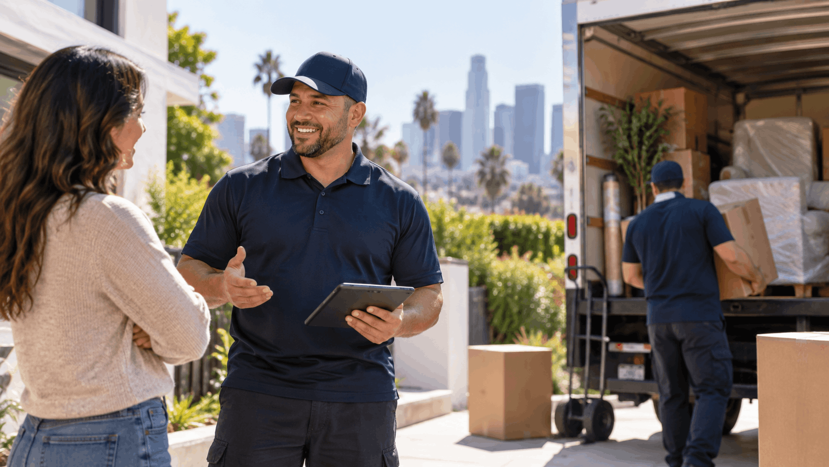 Popeye Moving crew unloading boxes from truck at Los Angeles home with skyline