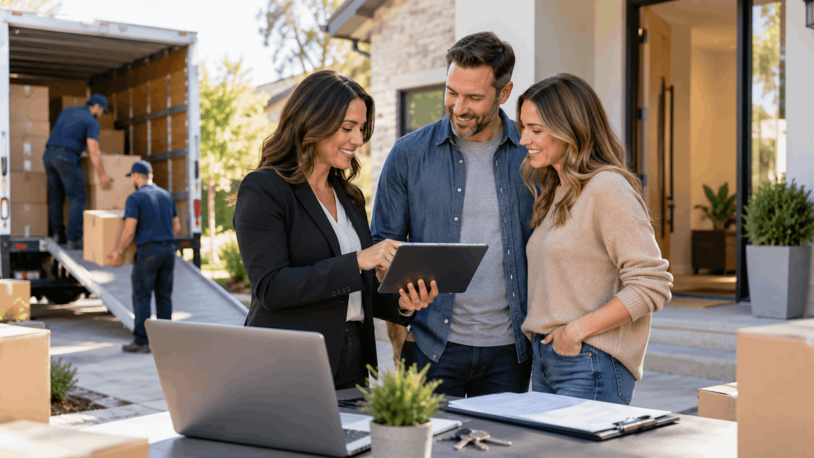 Real estate agent showing tablet to couple during Los Angeles moving day escrow closing