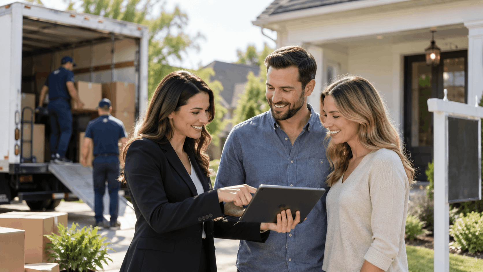 Real estate agent showing escrow documents on tablet to couple during Los Angeles home move