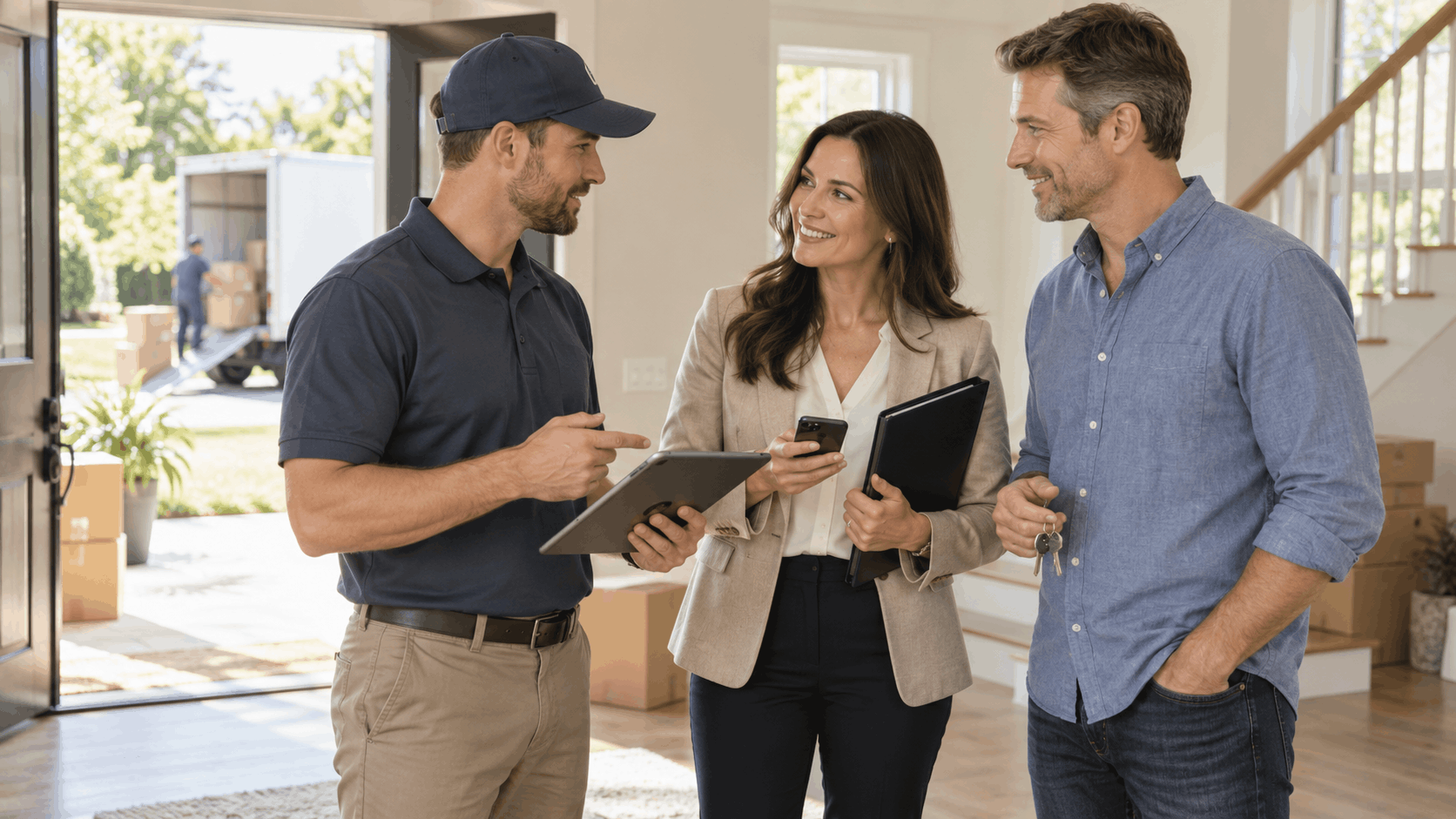 Moving coordinator discussing storage options with clients during home closing process