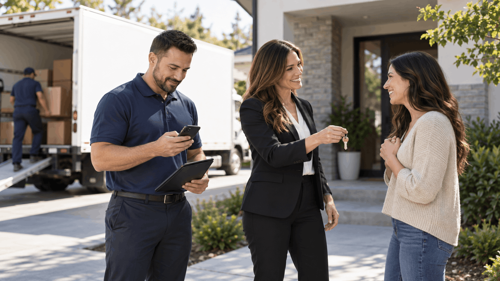 Real estate agent handing house keys to new homeowner with movers unloading truck