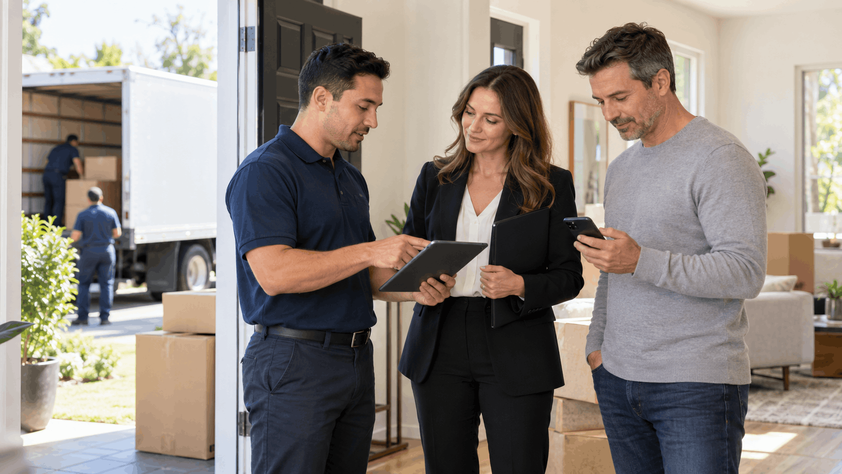Moving coordinator reviewing digital checklist with clients during Los Angeles home relocation service