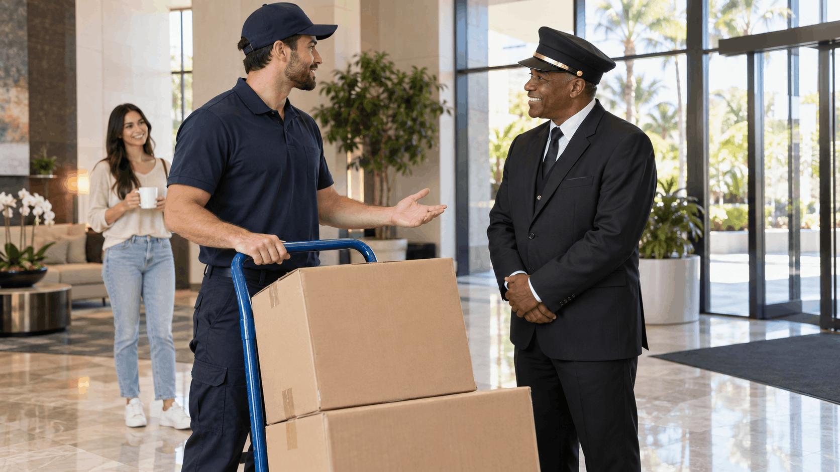 Delivery worker with boxes on dolly speaking to building doorman in luxury LA lobby