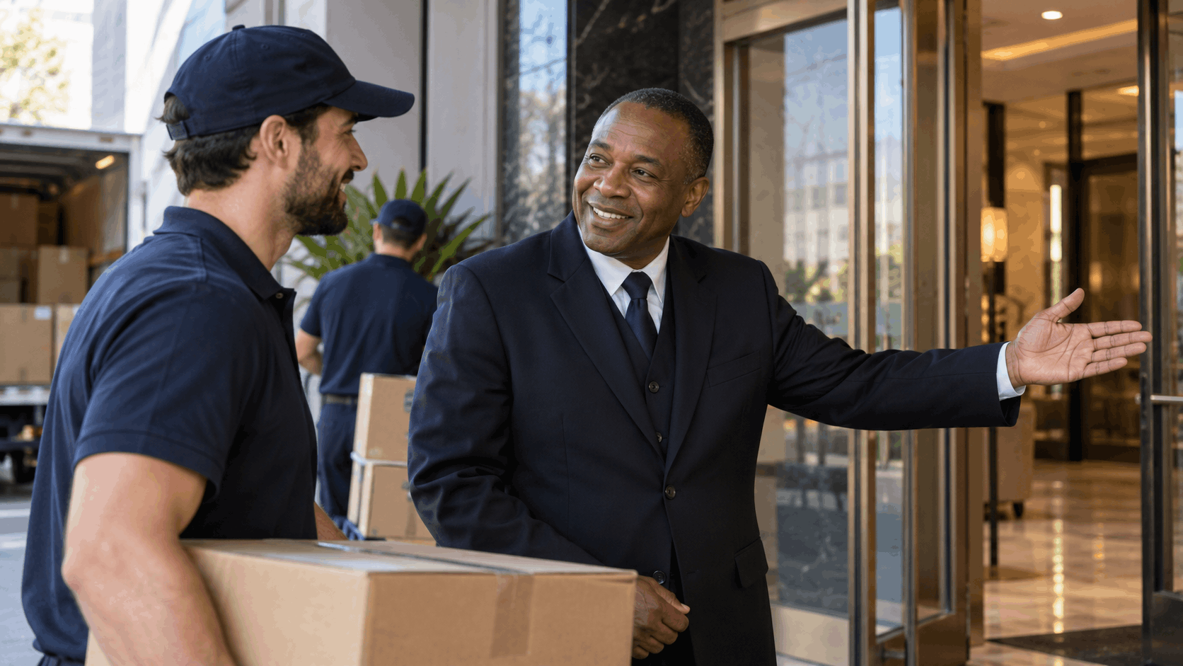 Smiling building manager directing movers with boxes at upscale Los Angeles lobby entrance