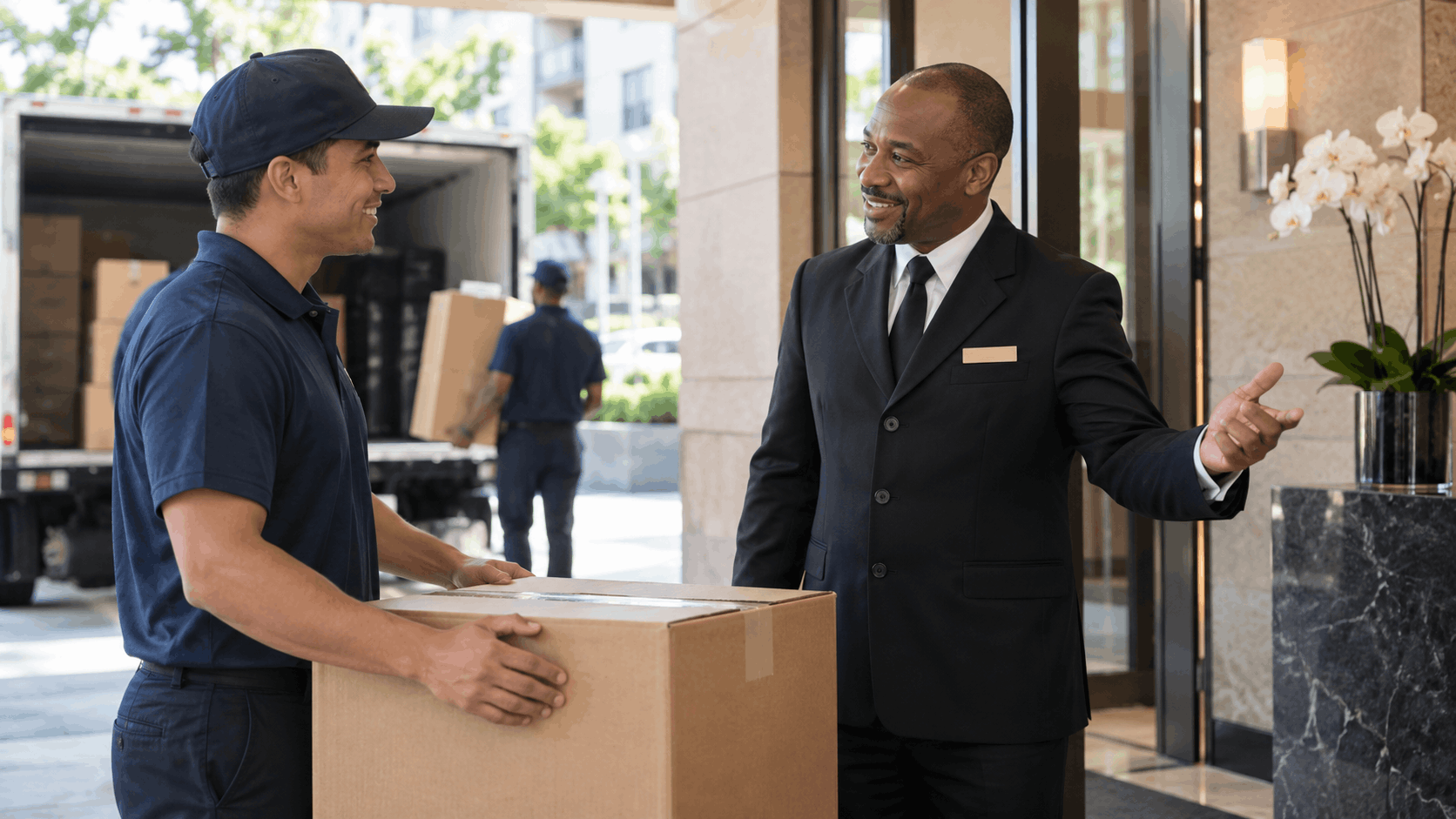 Delivery worker handing cardboard box to suited doorman outside luxury building