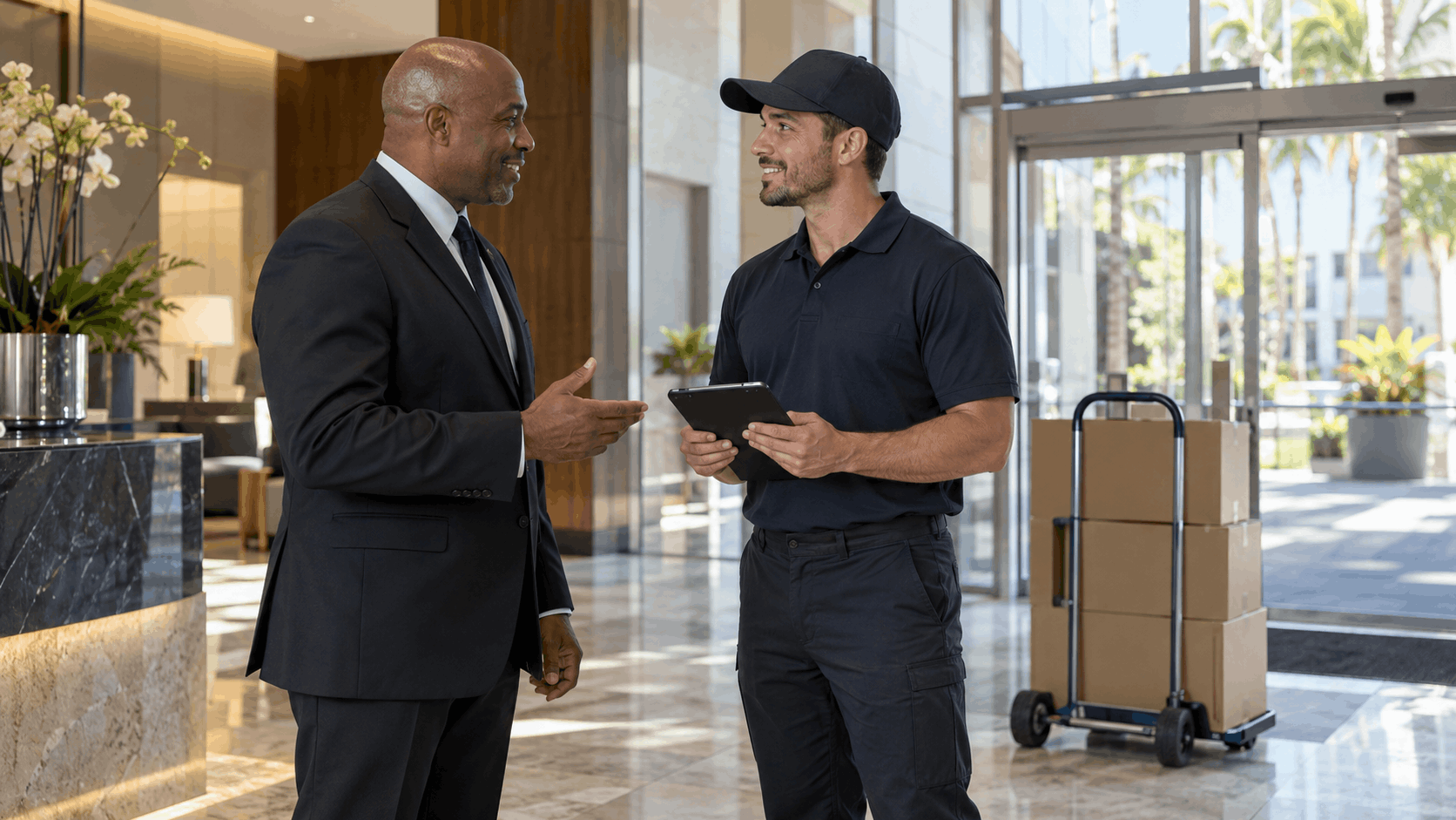 Popeye Moving delivery courier with tablet greeting building manager in luxury LA lobby