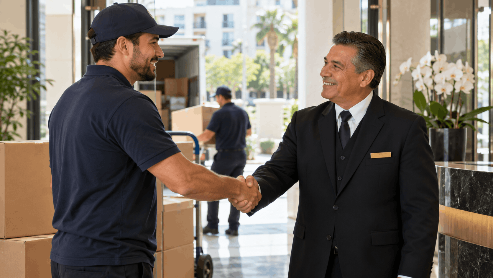Popeye Moving crew member shaking hands with hotel concierge during Los Angeles delivery
