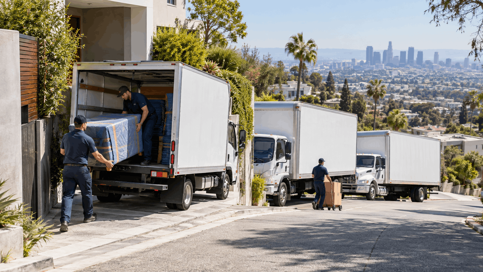 Professional movers unloading three white moving trucks on steep Los Angeles hillside street