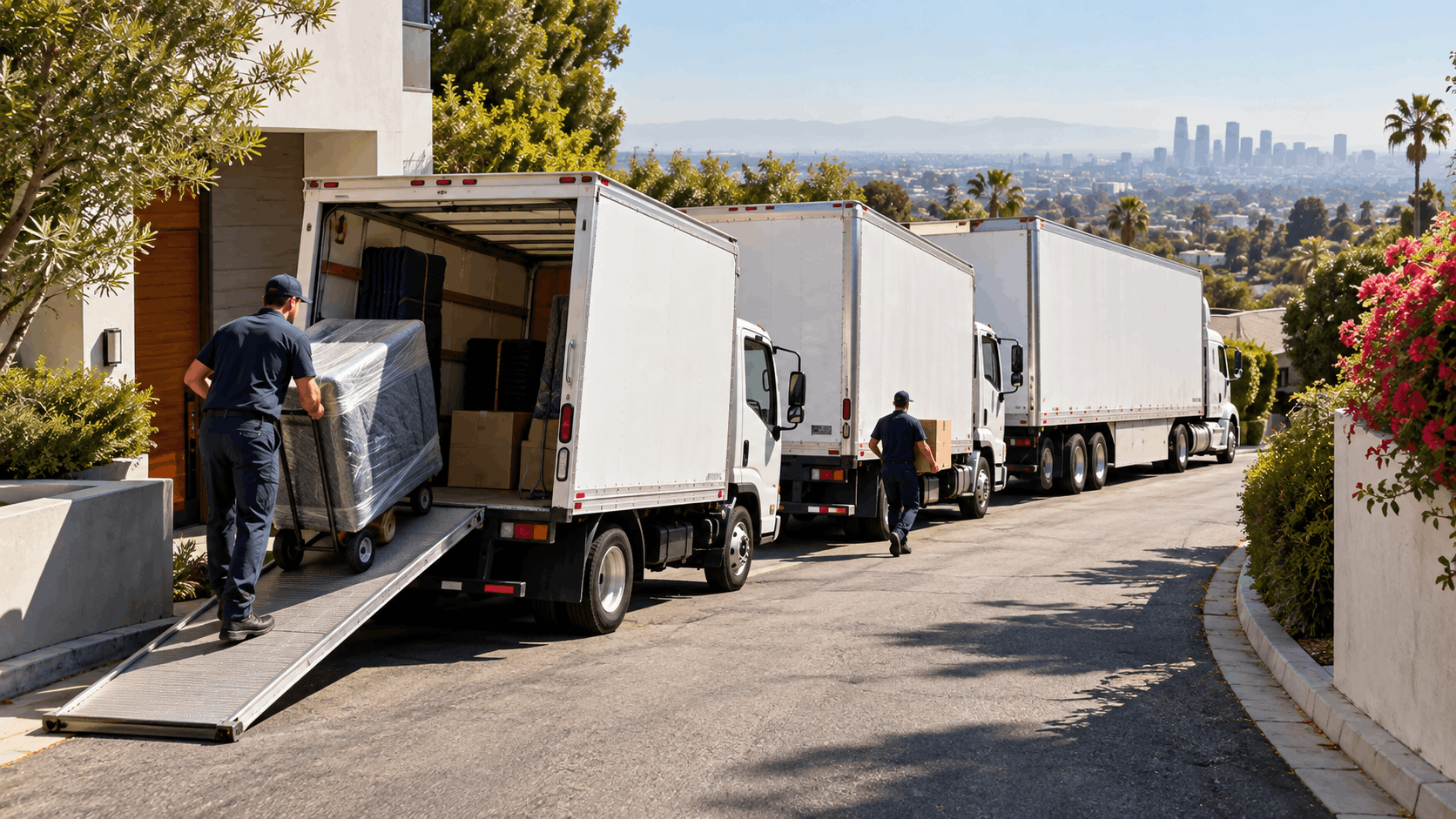 Movers unloading wrapped furniture from trucks on Los Angeles hillside driveway