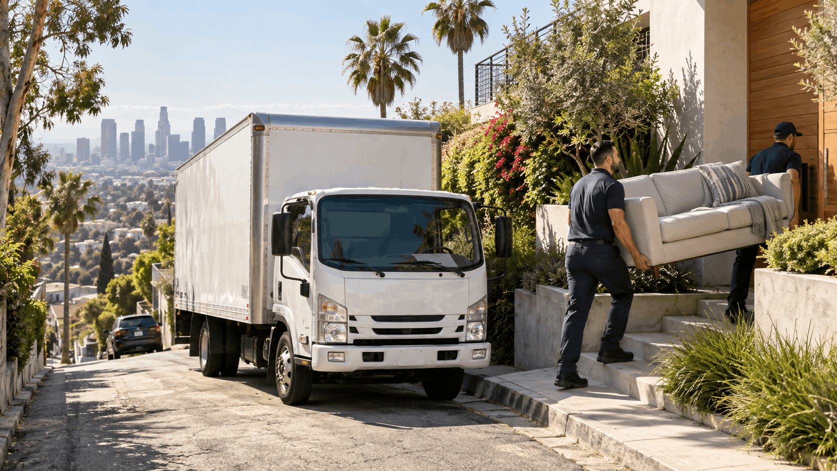 Popeye Moving crew carrying sofa up steps beside white box truck in Los Angeles