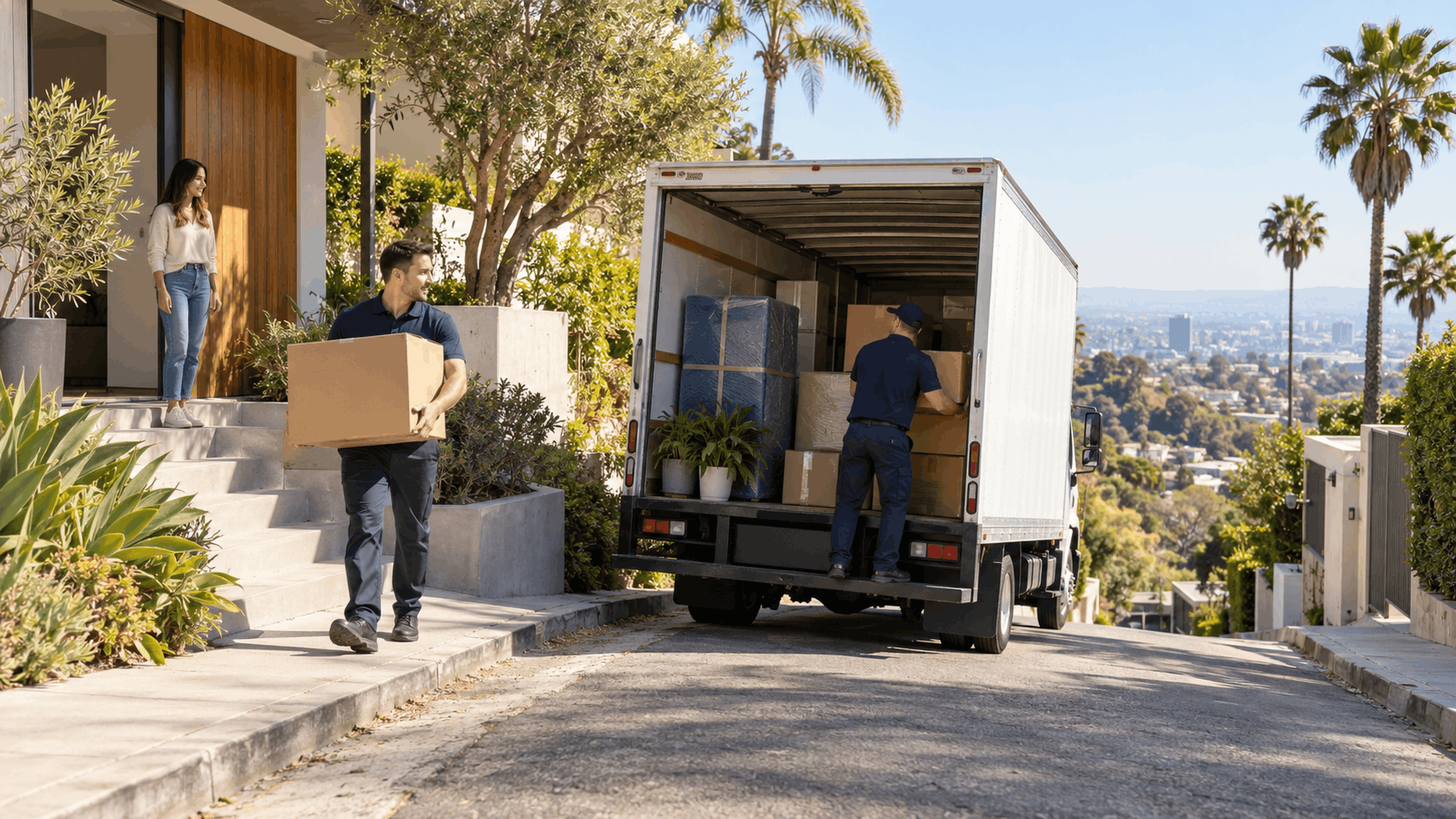 Two movers unloading boxes from moving truck at luxury Los Angeles hillside home