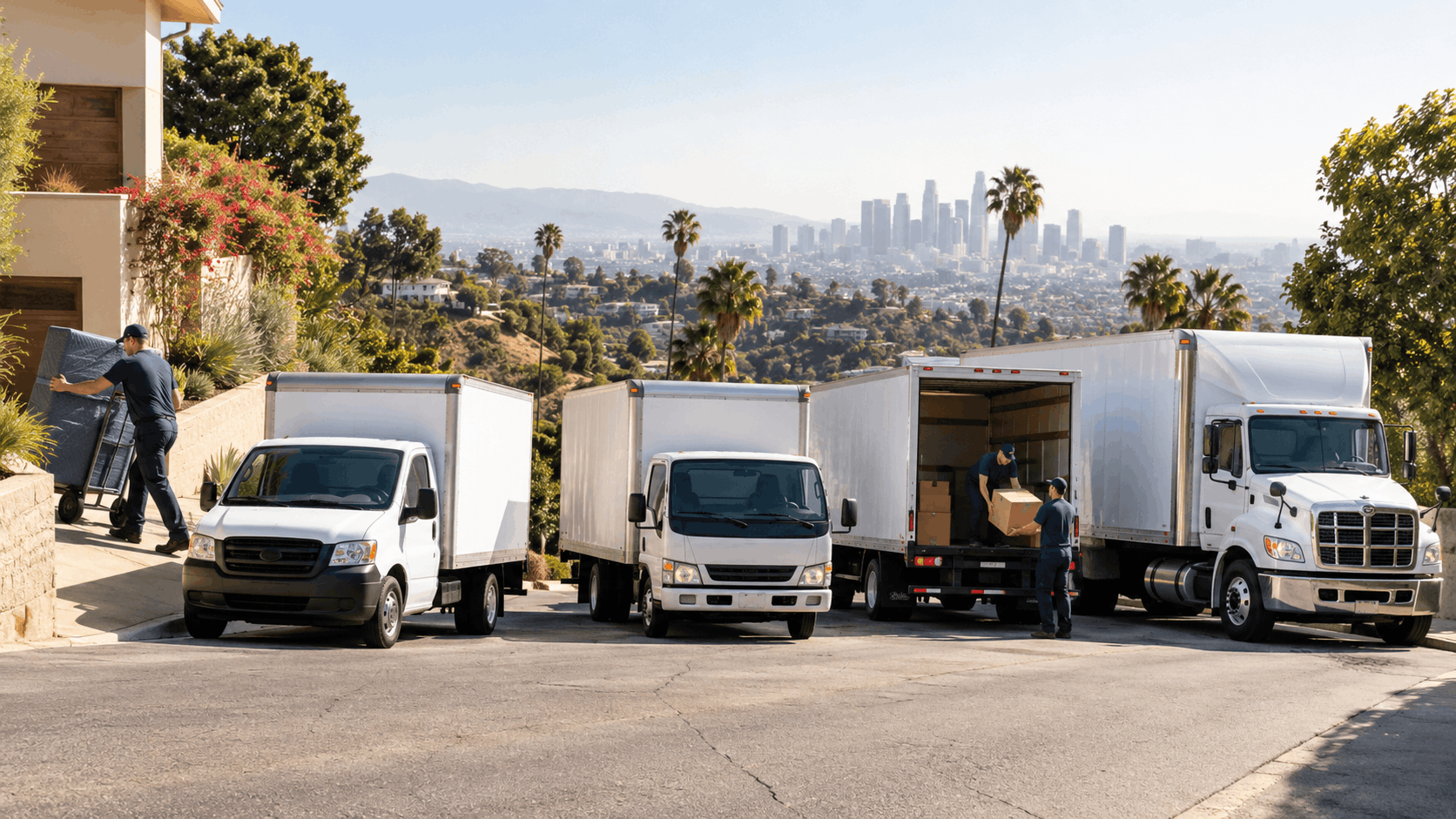 Popeye Moving crew loading white box trucks outside Los Angeles hillside home