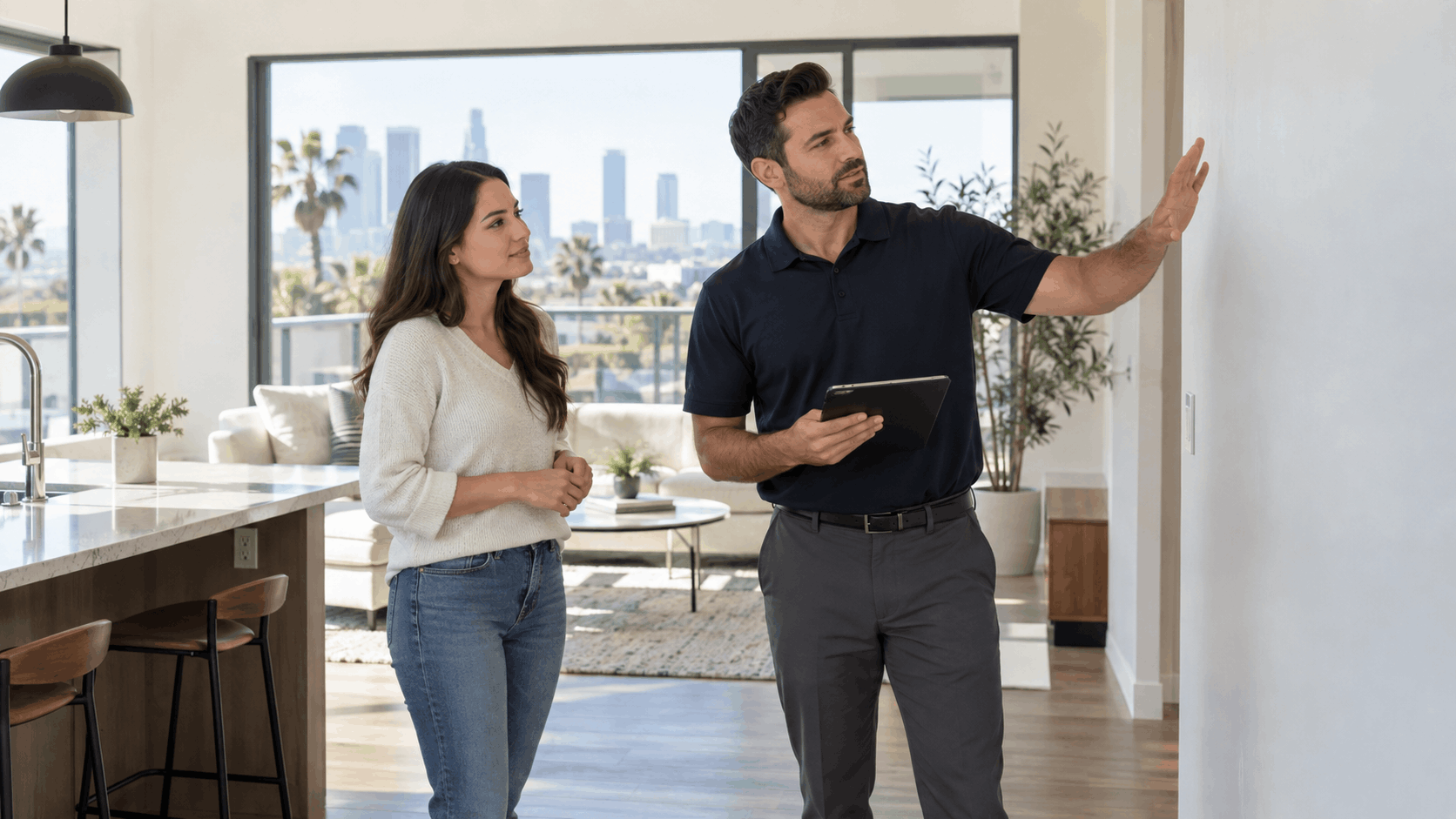 Real estate agent conducting move-out inspection in modern Los Angeles apartment with cityscape view