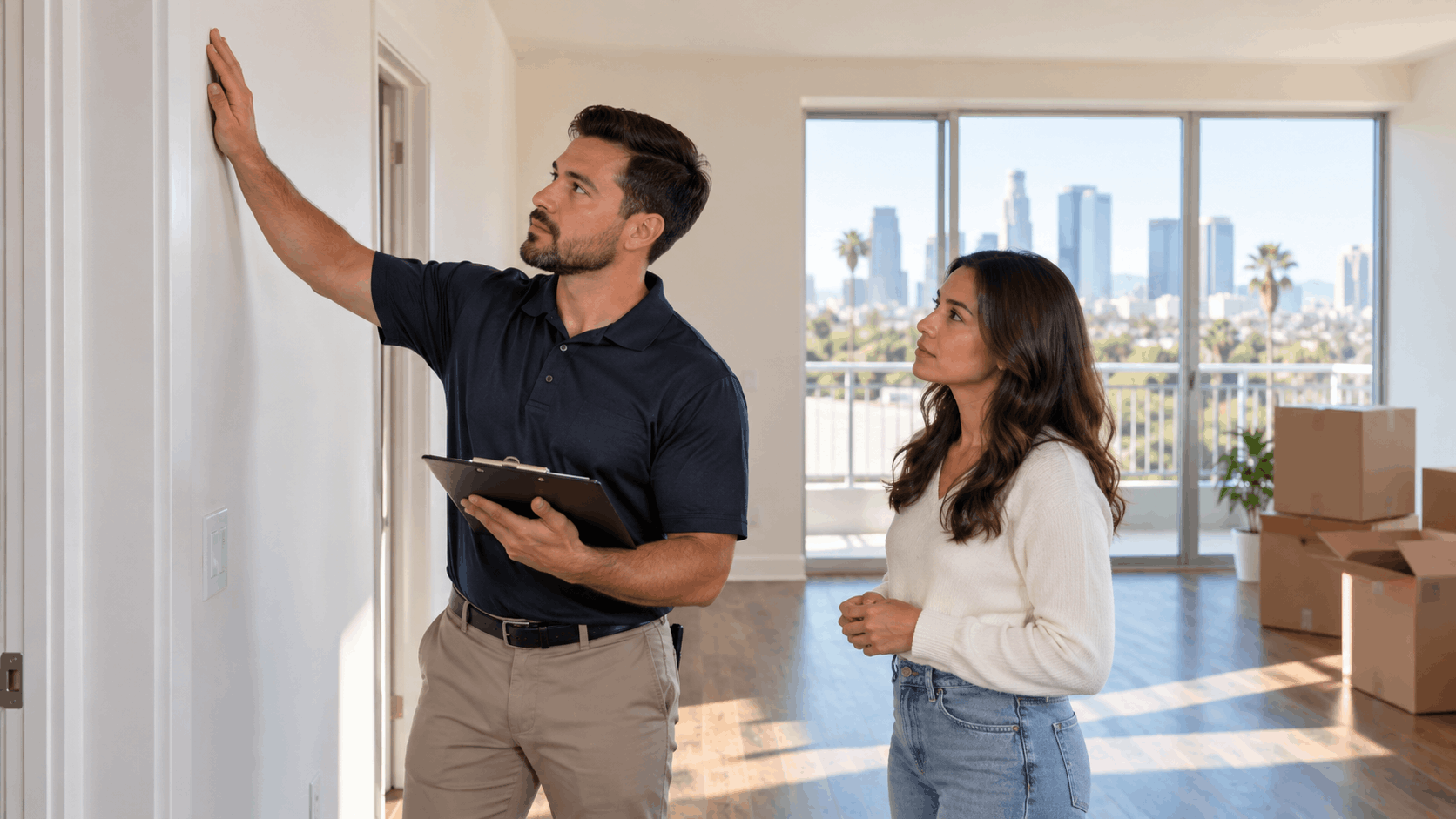 Property inspector with clipboard examining apartment wall with tenant in Los Angeles