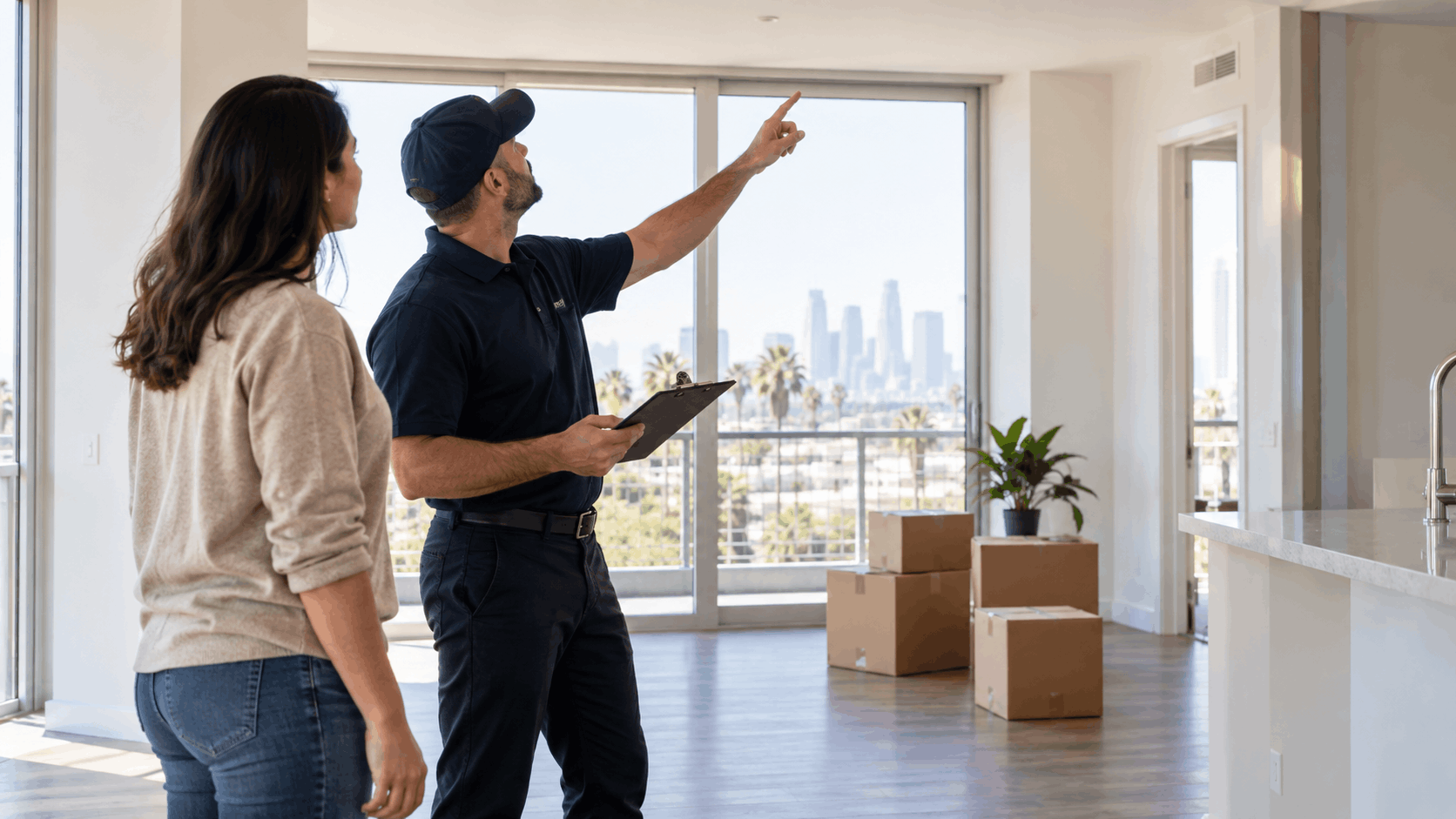 Moving company inspector with clipboard pointing out details to woman in LA apartment