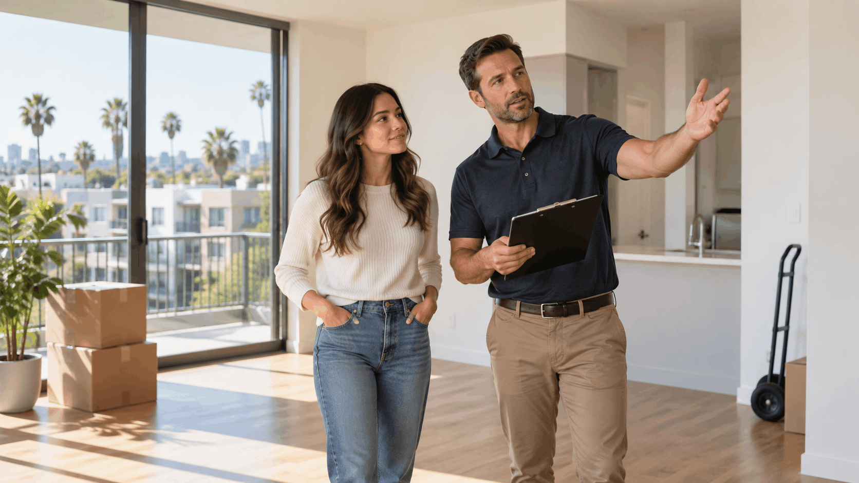 Real estate agent showing Los Angeles apartment to prospective tenant with clipboard