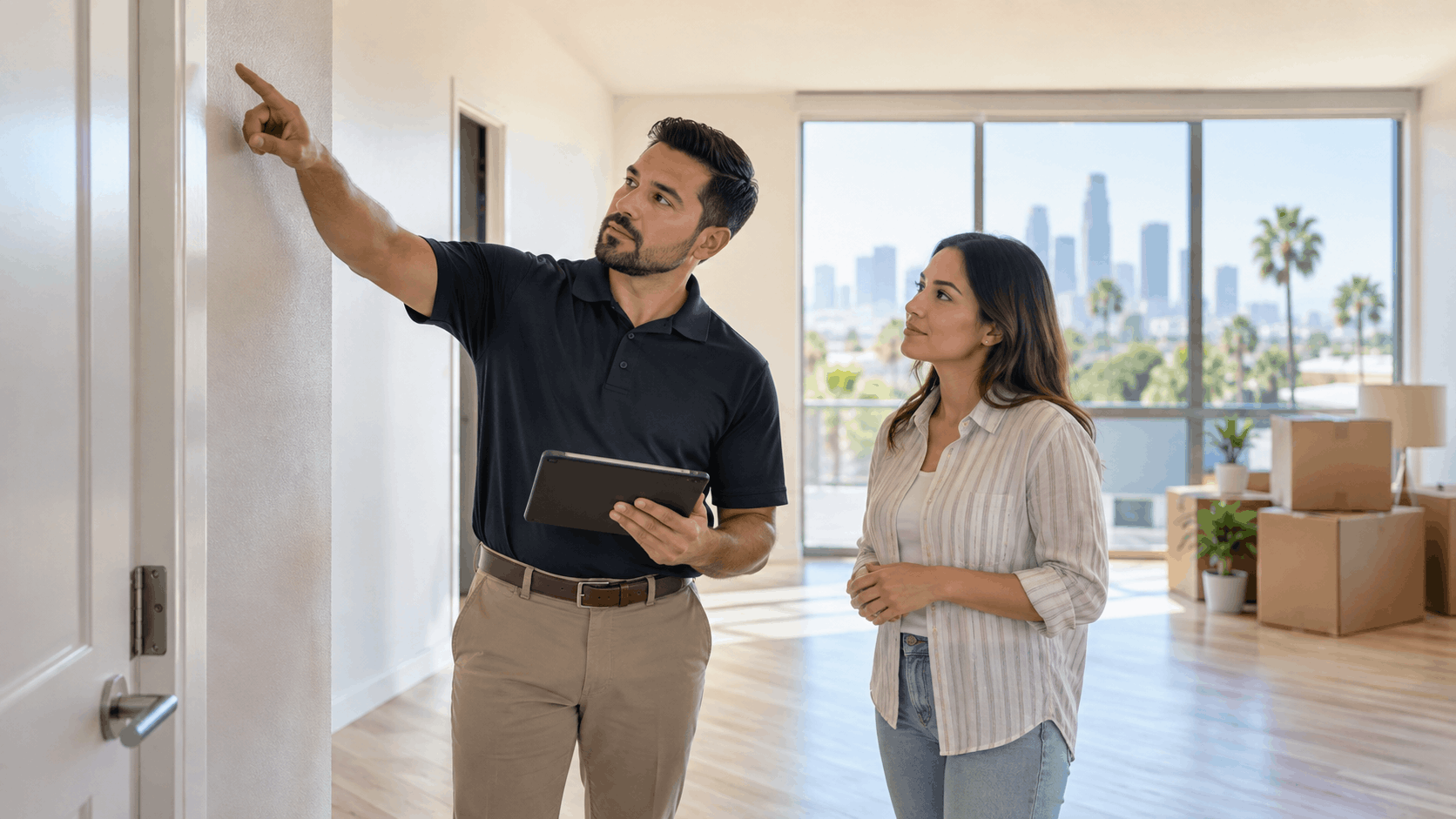 Moving company representative showing Los Angeles apartment features to new tenant with moving boxes