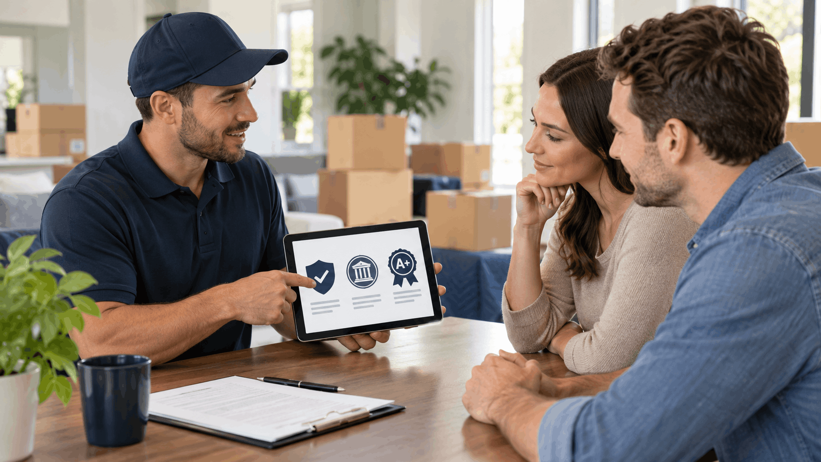 Moving company representative showing credentials and certifications on tablet to couple