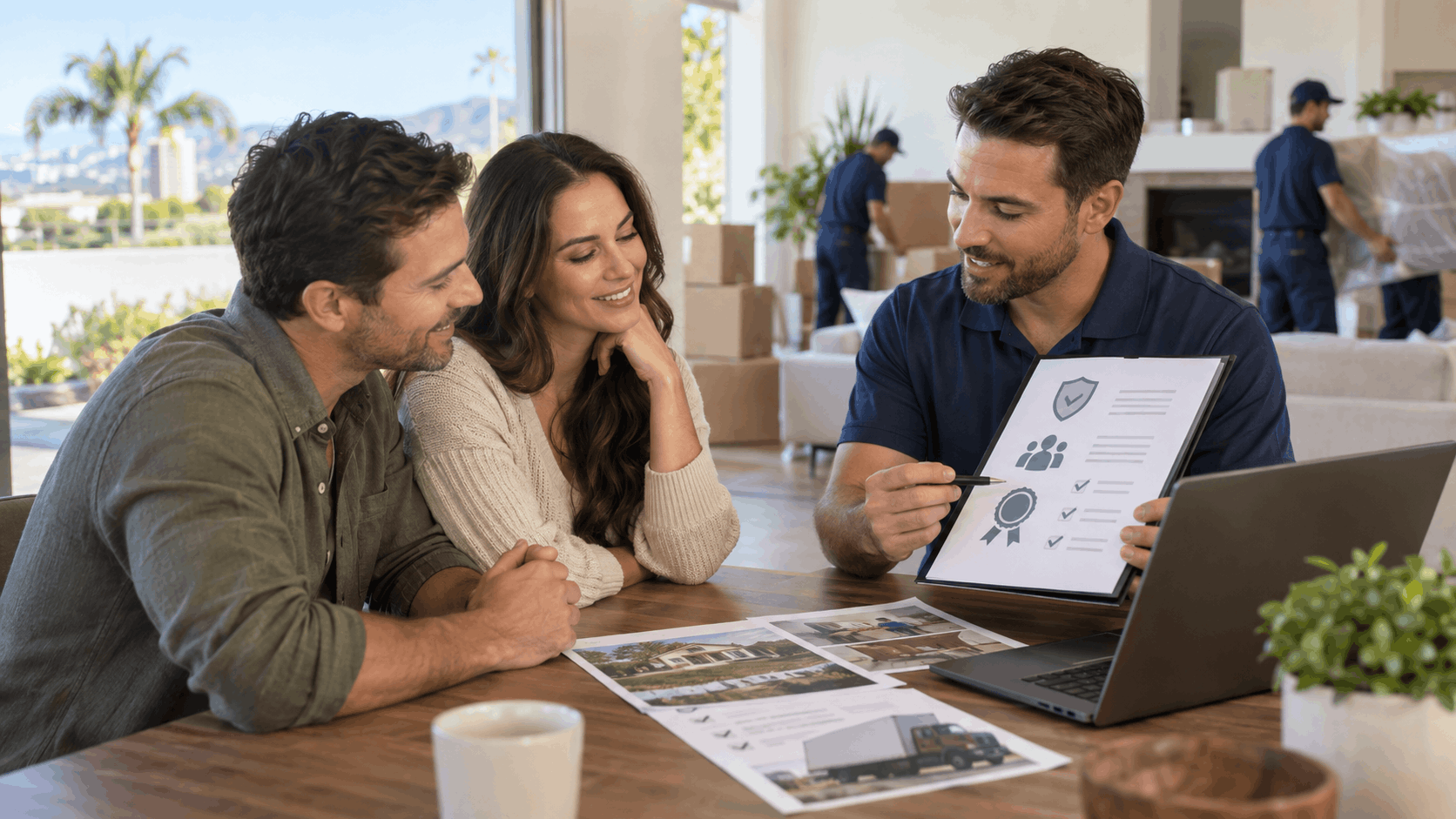 Moving company representative explaining AMSA-certified services to couple during Los Angeles relocation