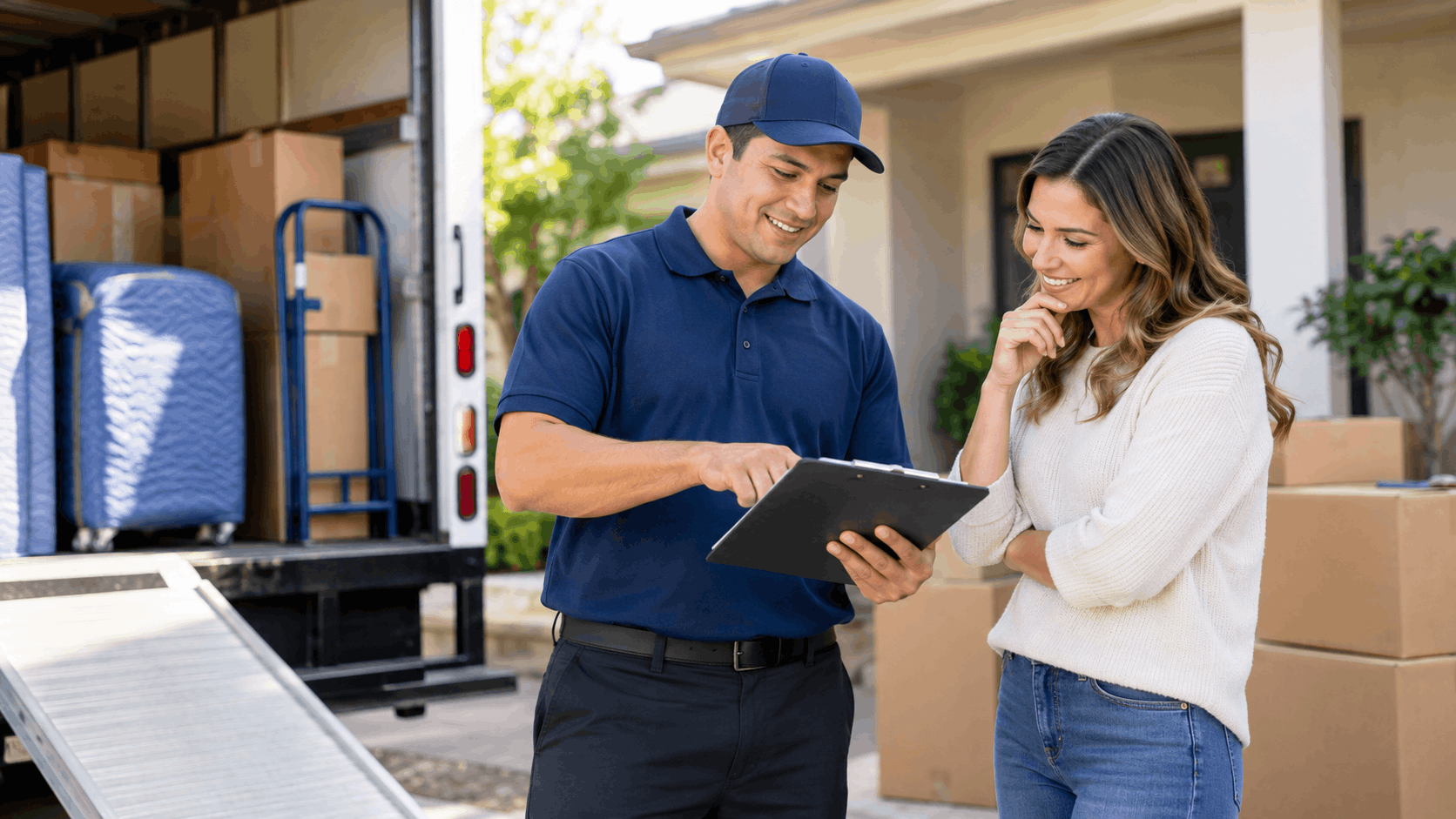 Moving company representative reviewing paperwork with homeowner outside loaded moving truck