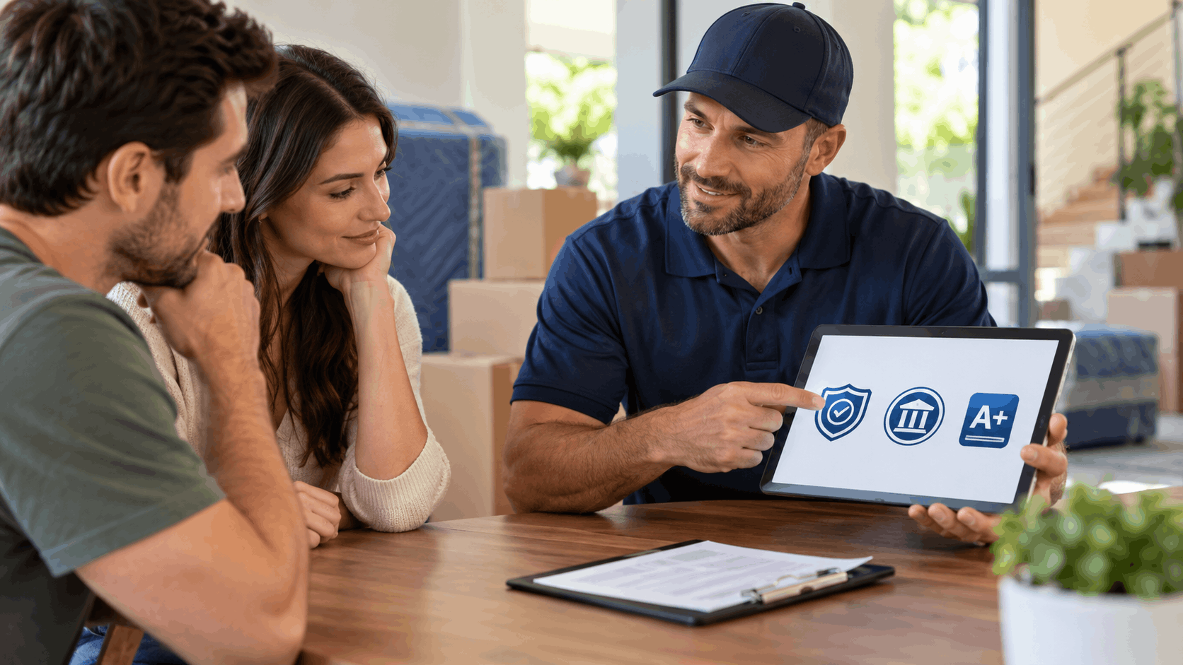 Moving company representative showing credentials on tablet to couple during consultation