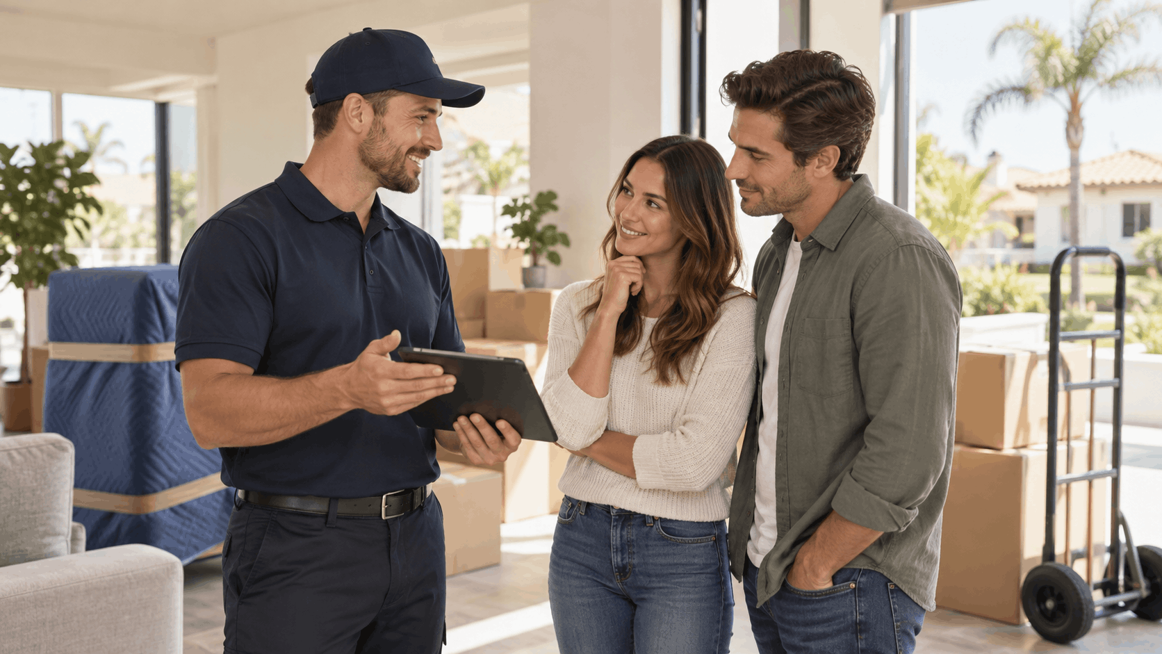 Popeye Moving crew member reviewing inventory tablet with couple in new Los Angeles home