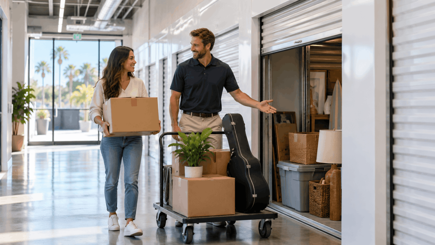 Couple moving boxes into climate-controlled storage unit in Los Angeles facility
