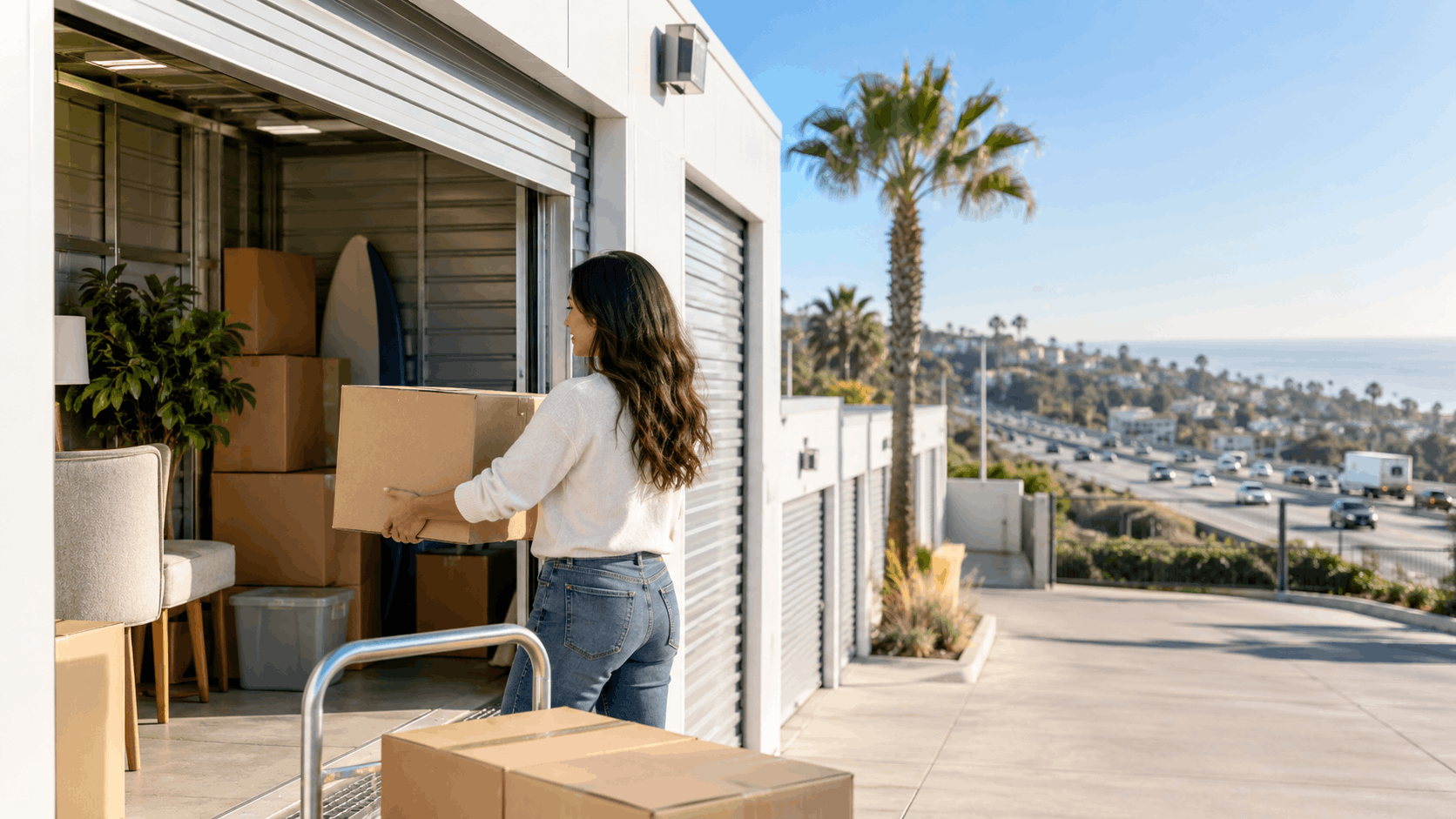 Woman loading cardboard boxes into outdoor storage unit near Los Angeles coastline highway