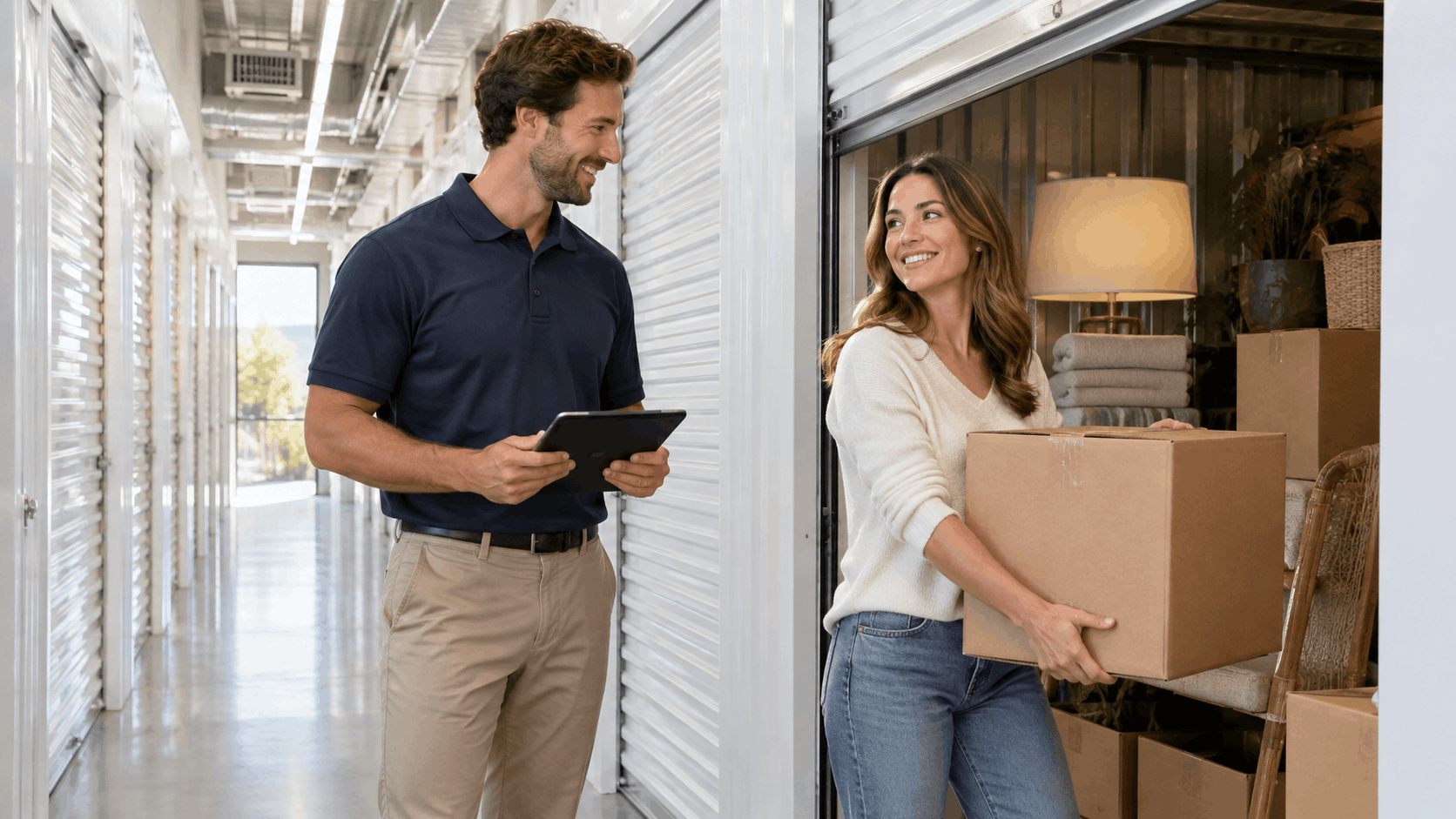 Smiling couple at self-storage unit with moving boxes and household items