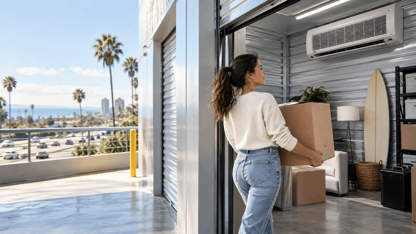 Woman carrying cardboard box into climate-controlled coastal Los Angeles storage unit