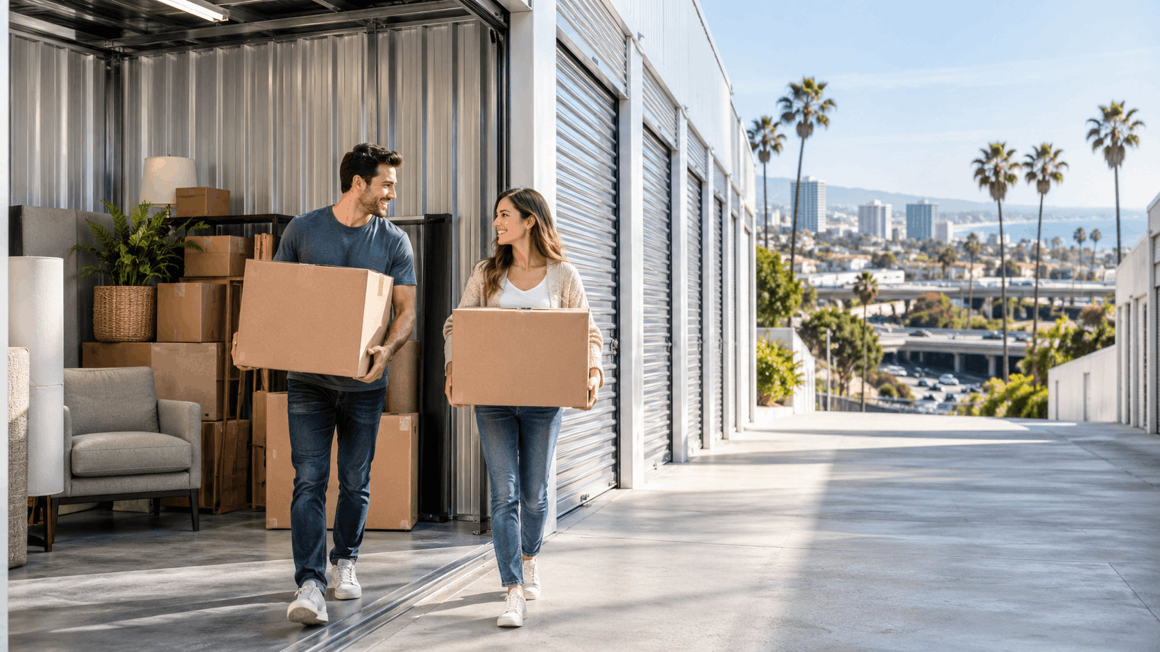 Couple carrying boxes into outdoor self-storage unit in Los Angeles California