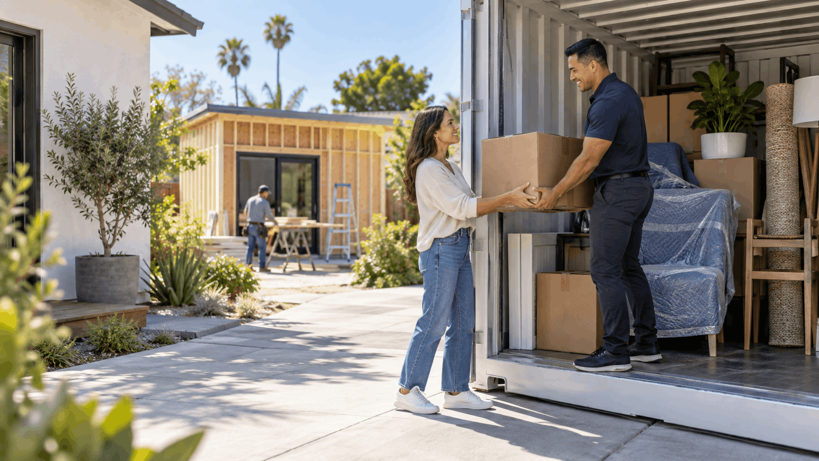 Couple unloading moving boxes from storage container during Los Angeles ADU construction