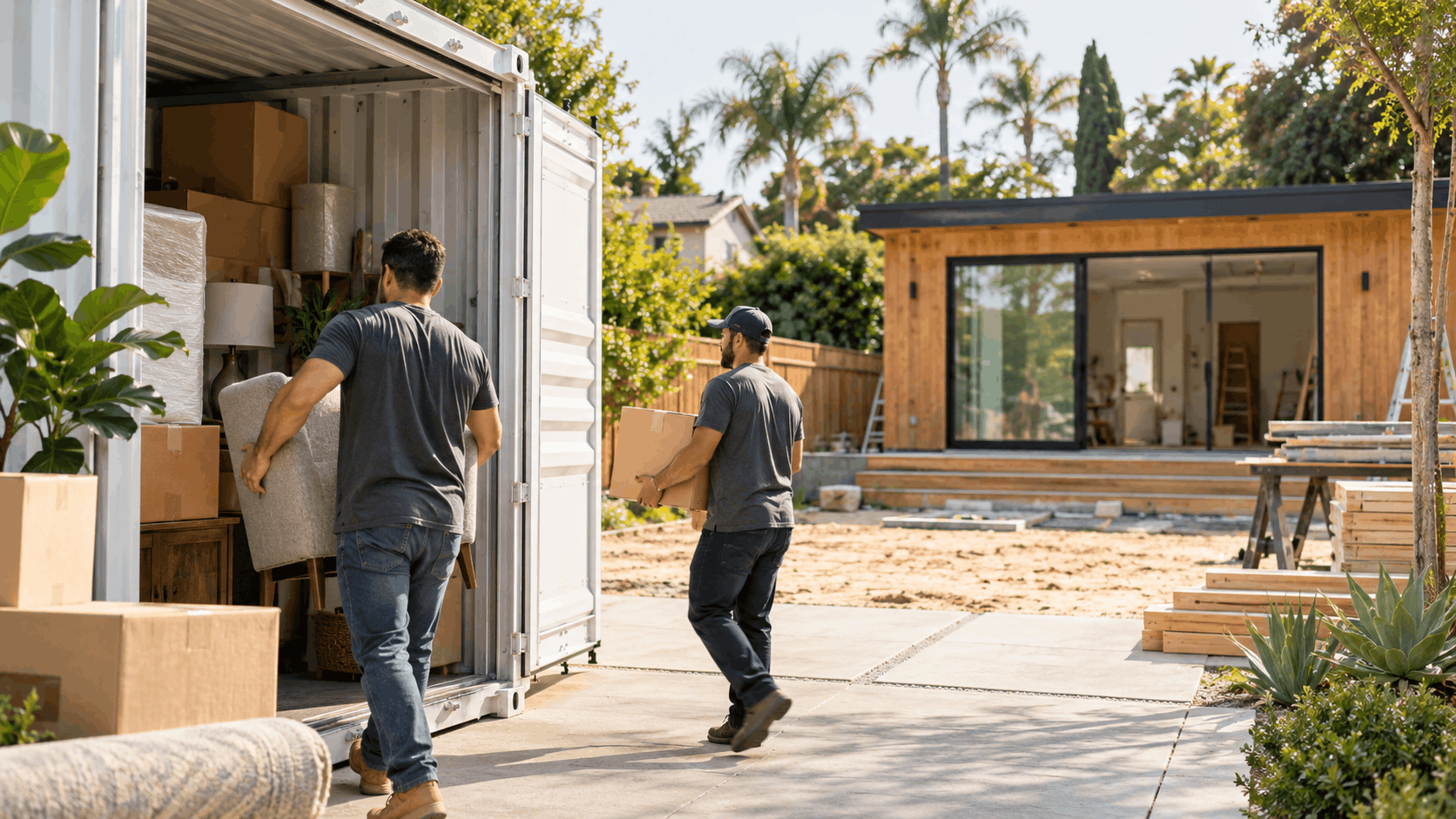 Two movers unloading furniture from storage container at Los Angeles ADU construction site