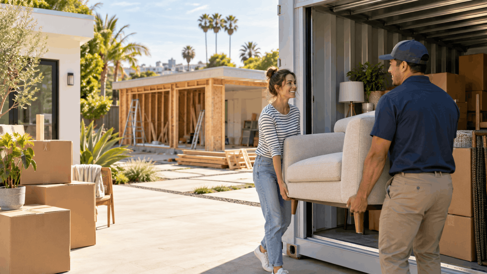 Two movers carrying cream armchair out of moving storage container in Los Angeles