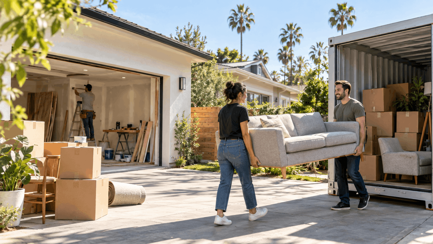 Couple unloading sofa from moving container outside Los Angeles home under renovation