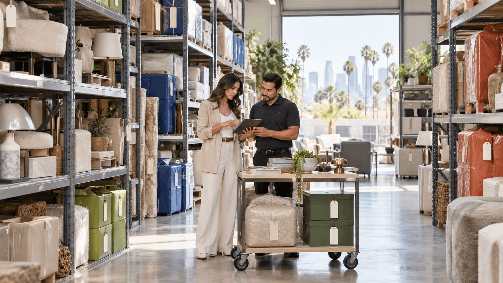 Two LA designers reviewing tablet inventory in a home goods storage warehouse