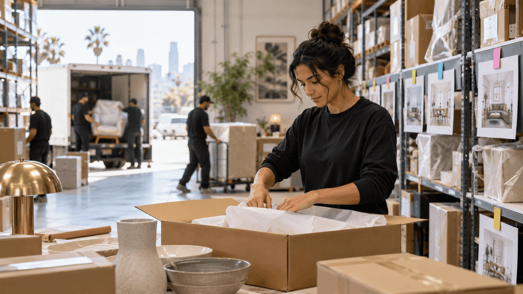 Woman packing fragile home decor items in cardboard box at Los Angeles moving warehouse